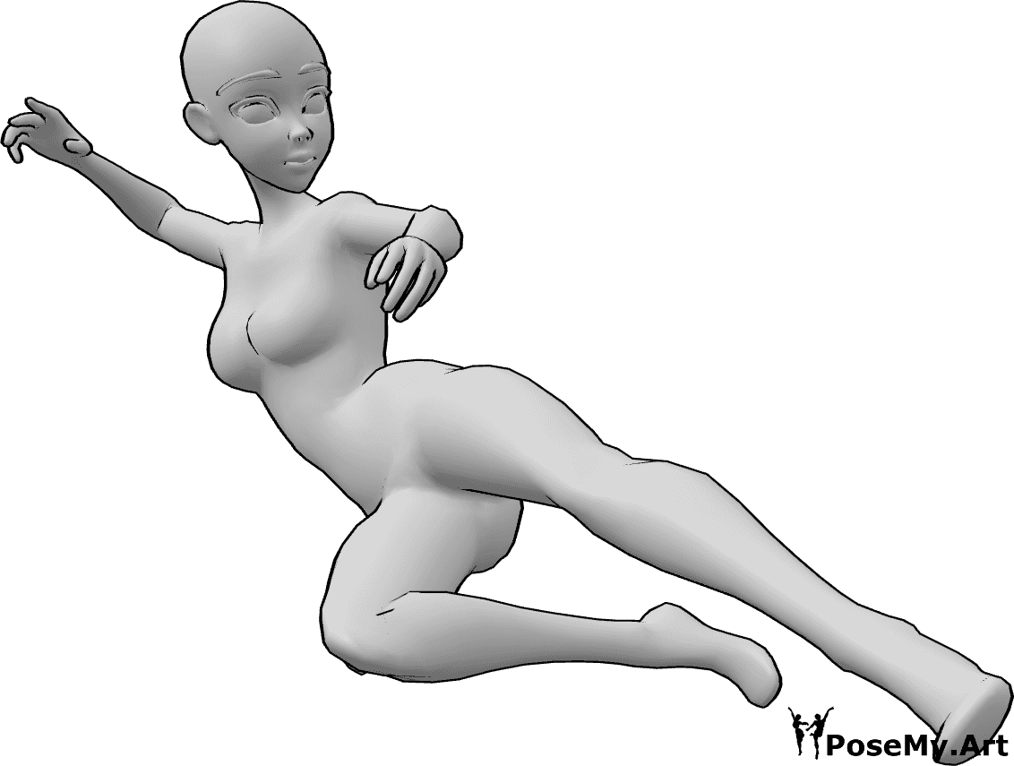Posen-Referenz- Anime springende kickende Pose - Anime weiblich springt hoch vom Laufen und Treten in der Luft mit dem linken Fuß