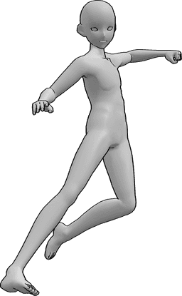 Riferimento alle pose- Posa di salto con pugno in stile anime - Uomo anonimo che salta per dare un pugno, oscillando la mano sinistra
