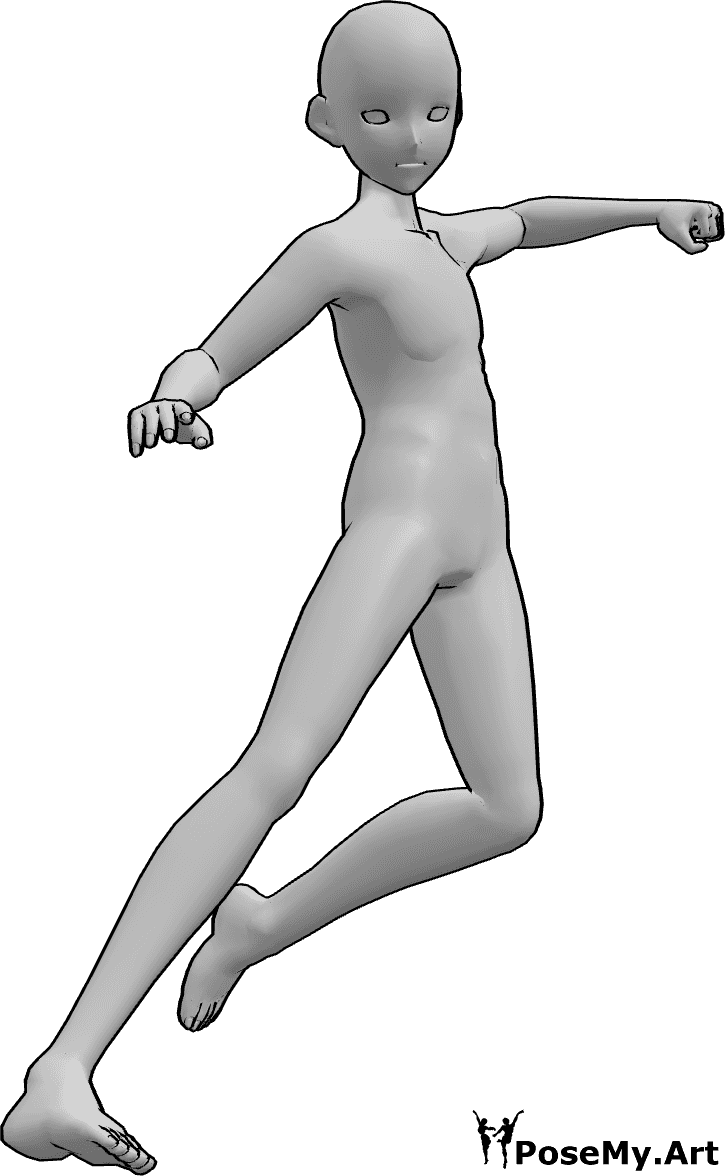 Referência de poses- Pose de salto com soco de anime - Homem anime salta para dar um murro, balançando a mão esquerda