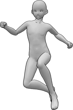 Référence des poses- Homme sautant en hauteur - L'homme animé saute haut après avoir couru, ses mains sont serrées en poings.