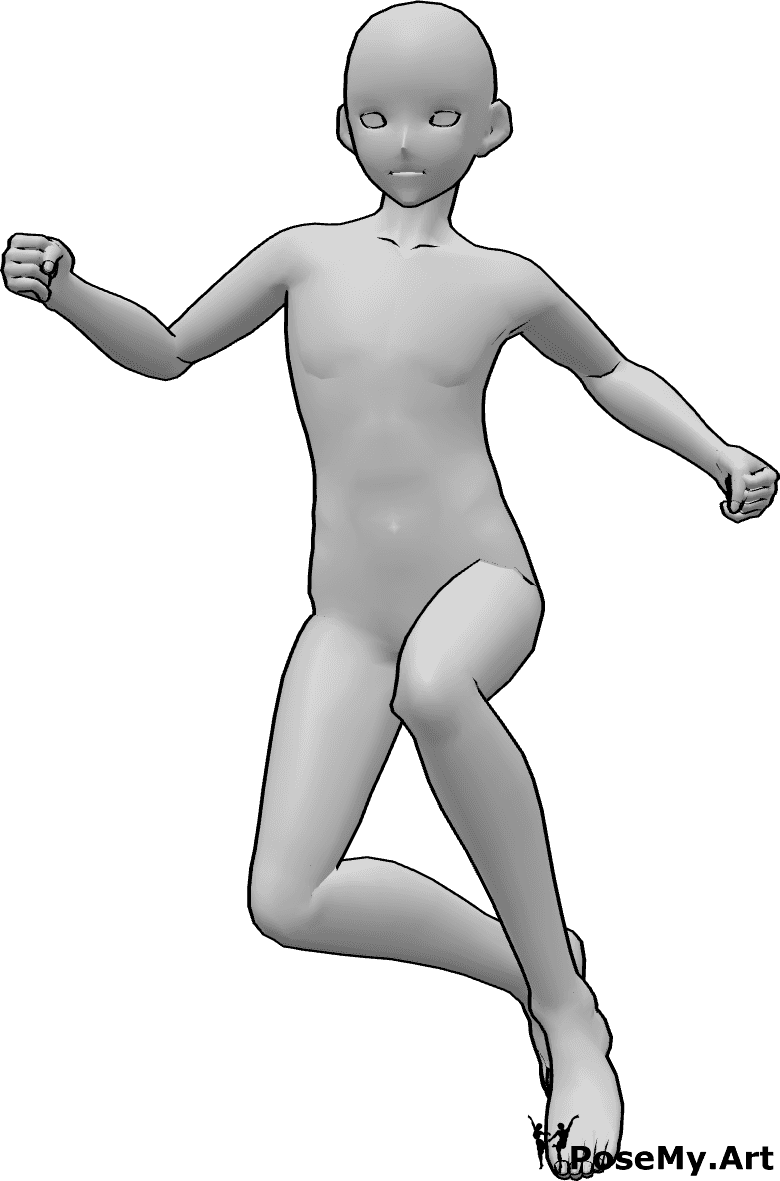 Posen-Referenz- Männlich springende hohe Pose - Anime-Männchen springt vom Laufen hoch, seine Hände sind zu Fäusten geballt