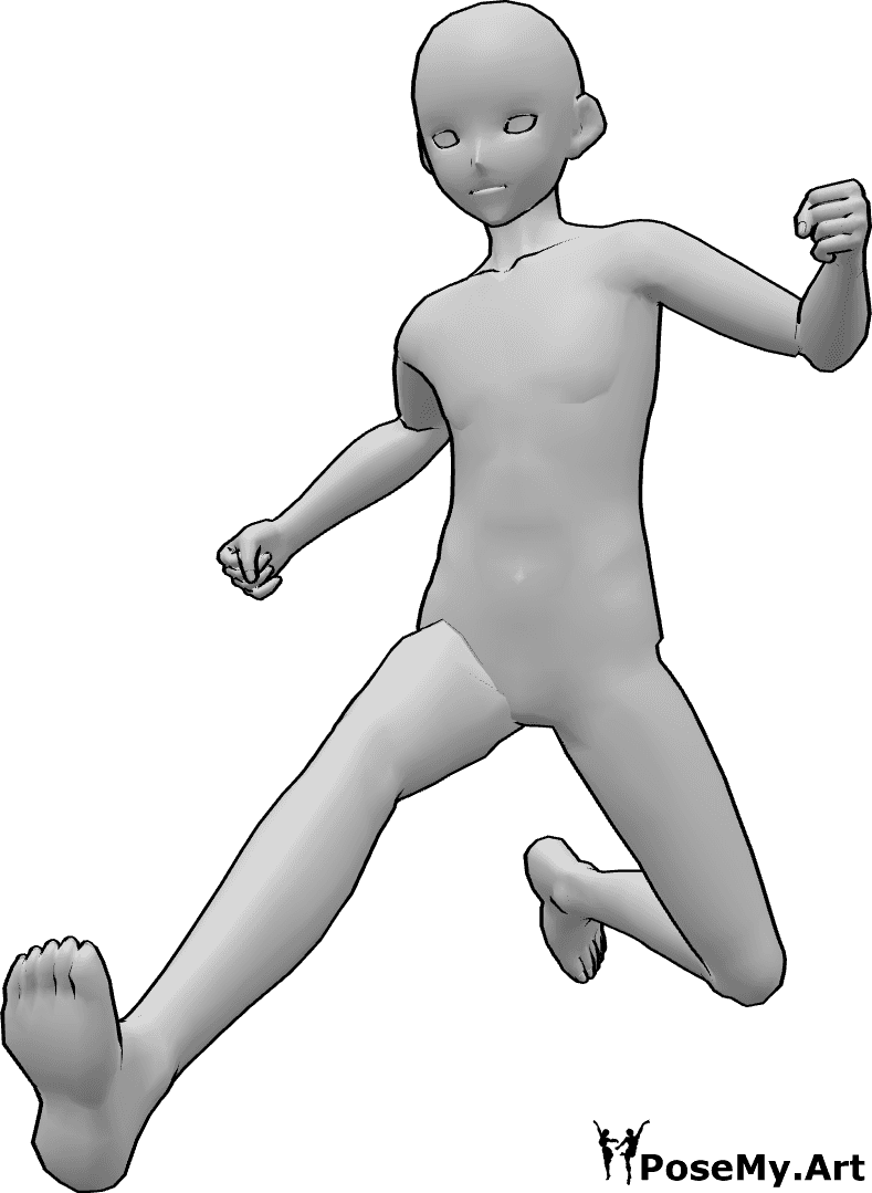 Referencia de poses- Postura de salto de obstáculos - Anime masculino está saltando de correr, saltando sobre un obstáculo