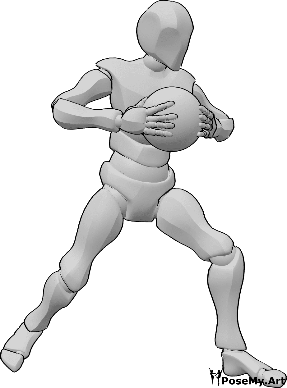 Référence des poses- Homme tenant un ballon de basket - Homme debout, tenant un ballon de basket et cherchant où le passer.
