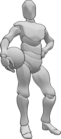 Posen-Referenz- Stehende Halteball-Pose - Mann steht selbstbewusst mit der linken Hand auf der Hüfte und hält einen Ball in der rechten Hand