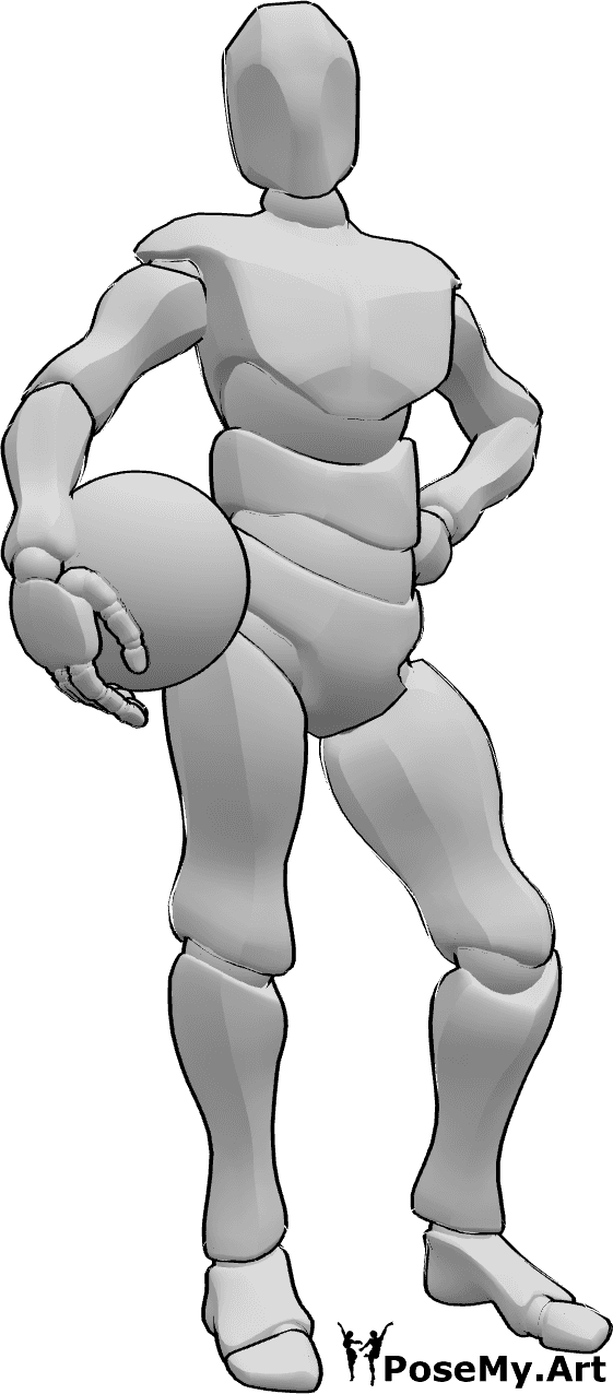 Referência de poses- Posição de pé segurando a bola - Homem de pé, confiante, com a mão esquerda na anca e segurando uma bola na mão direita