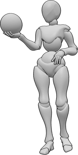 Referência de poses- Pose da mão direita - Mulher de pé, segurando uma bola na mão direita e olhando para ela