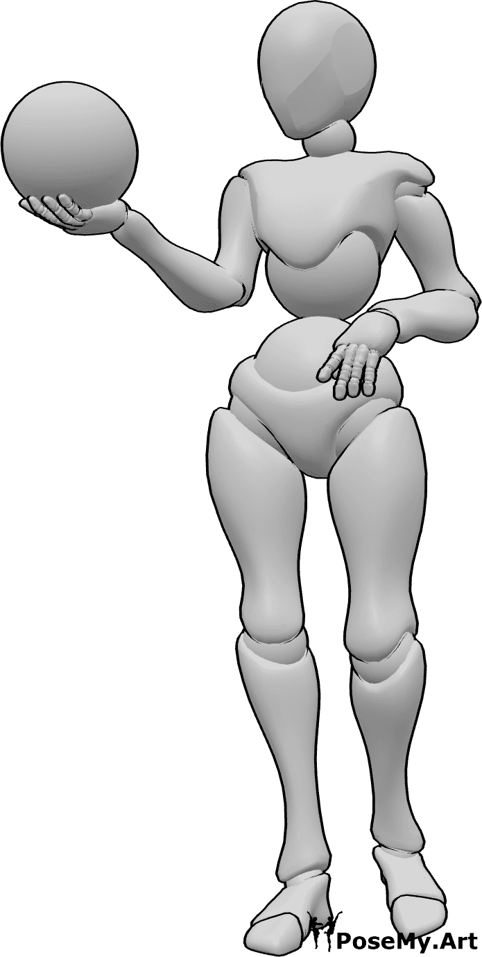 Pose Reference- Right hand holding pose - Female is standing, holding a ball in her right hand and looking at it