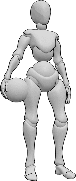 Posen-Referenz- Ballhaltende Pose - Frau steht, schaut nach vorne und hält einen Ball in ihrer rechten Hand