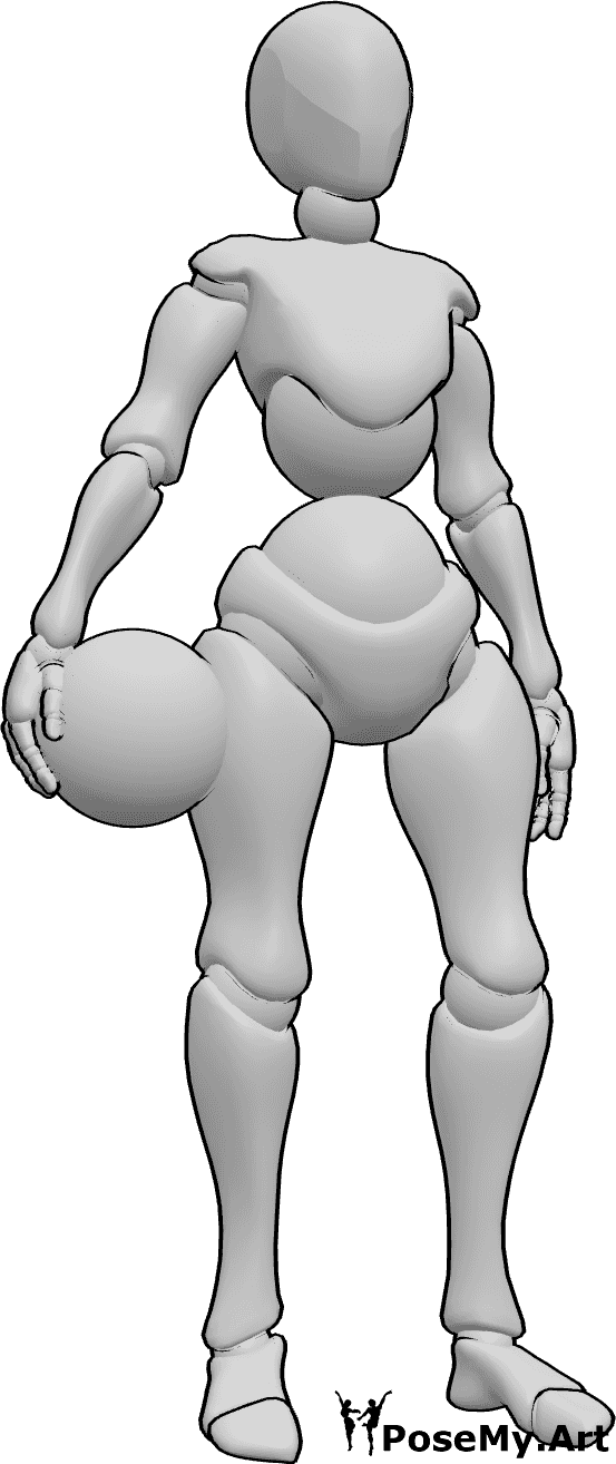 Riferimento alle pose- Posa di mantenimento della palla a terra - Donna in piedi, con lo sguardo rivolto in avanti e che tiene una palla nella mano destra