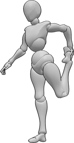 Posen-Referenz- Dehnungshaltung des linken Beins - Frau steht und streckt ihr linkes Bein aus, hält ihren Fuß mit der linken Hand
