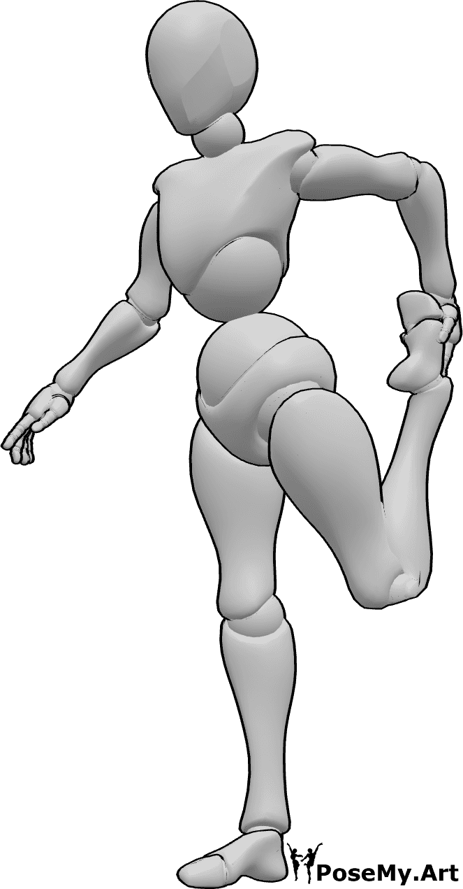 Referência de poses- Pose de alongamento da perna esquerda - Mulher de pé, esticando a perna esquerda e segurando o pé com a mão esquerda