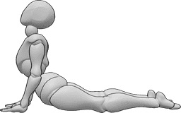 Référence des poses- Pose d'étirement du cobra - Une femme prend la pose de l'étirement du cobra, ses mains sont posées sur le sol et regardent vers le haut.
