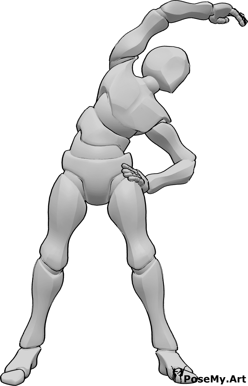 Referência de poses- Pose de alongamento do tronco - Homem de pé e inclinado para a esquerda, em pose de alongamento do tronco e dos braços