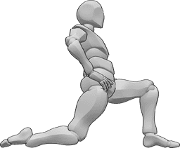 Referencia de poses- Postura de estiramiento de rodillas - Varón arrodillado con las manos en las caderas, estirando el tronco y las piernas.