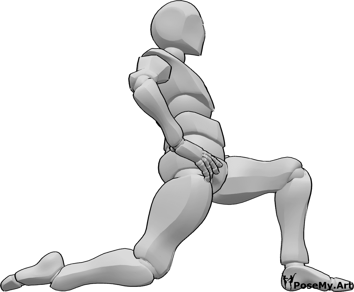 Référence des poses- Pose d'étirement à genoux - L'homme est agenouillé, les mains sur les hanches, étirant son tronc et ses jambes.