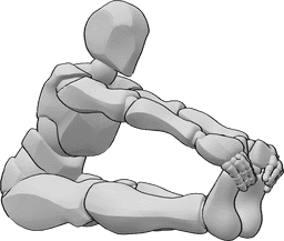 Posen-Referenz- Dehnungsübungen für die Beine - Mann sitzt und streckt die Beine aus, hält seine Füße mit beiden Händen