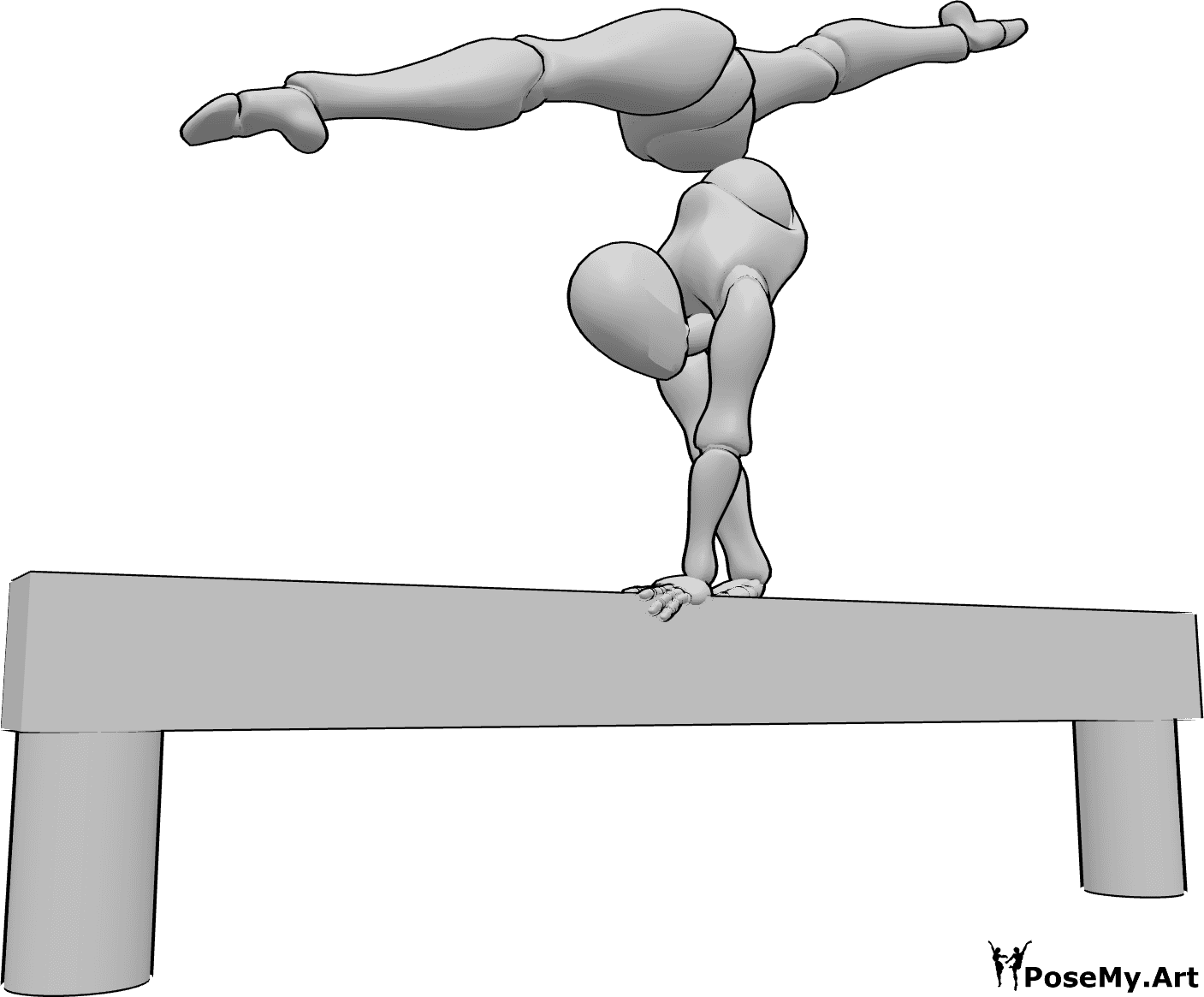 Referencia de poses- Postura de bóveda partida con las manos - La mujer está de pie en la bóveda y haciendo un split frontal en el aire