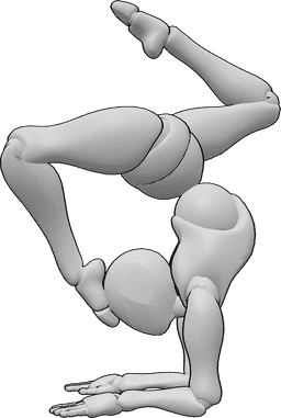 Posen-Referenz- Gymnastik-Ellbogenstand-Pose - Frau macht Gymnastik, Ellbogen im Stehen und berührt ihren Kopf mit dem Fuß
