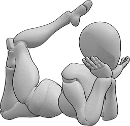 Referência de poses- Pose da perna levantada deitada - A mulher flexível está deitada de barriga para baixo, apoiando a cabeça nas mãos e levantando a perna