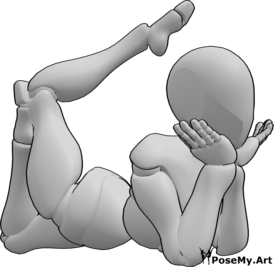 Referência de poses- Pose da perna levantada deitada - A mulher flexível está deitada de barriga para baixo, apoiando a cabeça nas mãos e levantando a perna