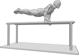 Posen-Referenz- Parallelbarren Handstandpose - Ein Mann turnt am Barren und hält dabei seinen Körper waagerecht in der Luft.