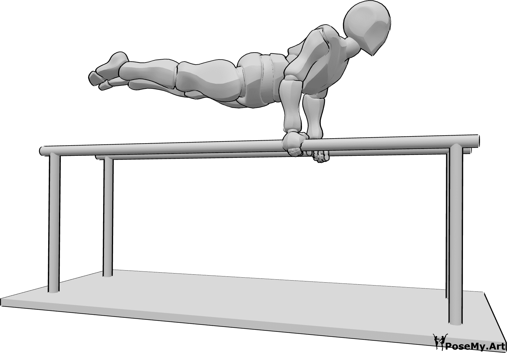 Posen-Referenz- Parallelbarren Handstandpose - Ein Mann turnt am Barren und hält dabei seinen Körper waagerecht in der Luft.