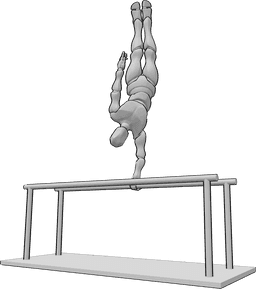 Pose Reference- One arm handstanding pose - Male is one arm handstanding on the parallel bars, holding the bar with right hand