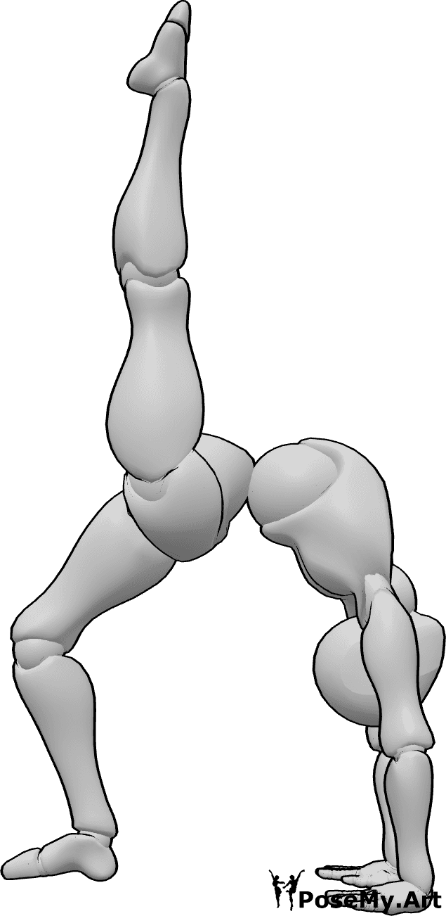 Referencia de poses- Postura de puente avanzada - Postura femenina flexible de puente adelantado, elevando la pierna izquierda