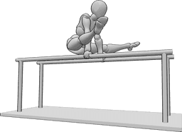 Référence des poses- Barres parallèles, pose des jambes levées - Une femme fait de la gymnastique aux barres parallèles, en tenant les barres à deux mains et en levant les jambes.