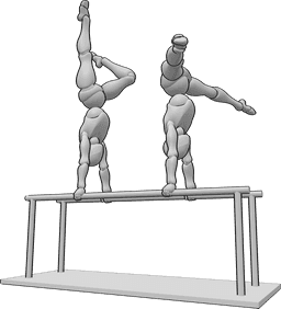 Posen-Referenz- Zwei Frauen in Gymnastik-Pose - Zwei Frauen turnen am Barren, Handstand und Beinheben