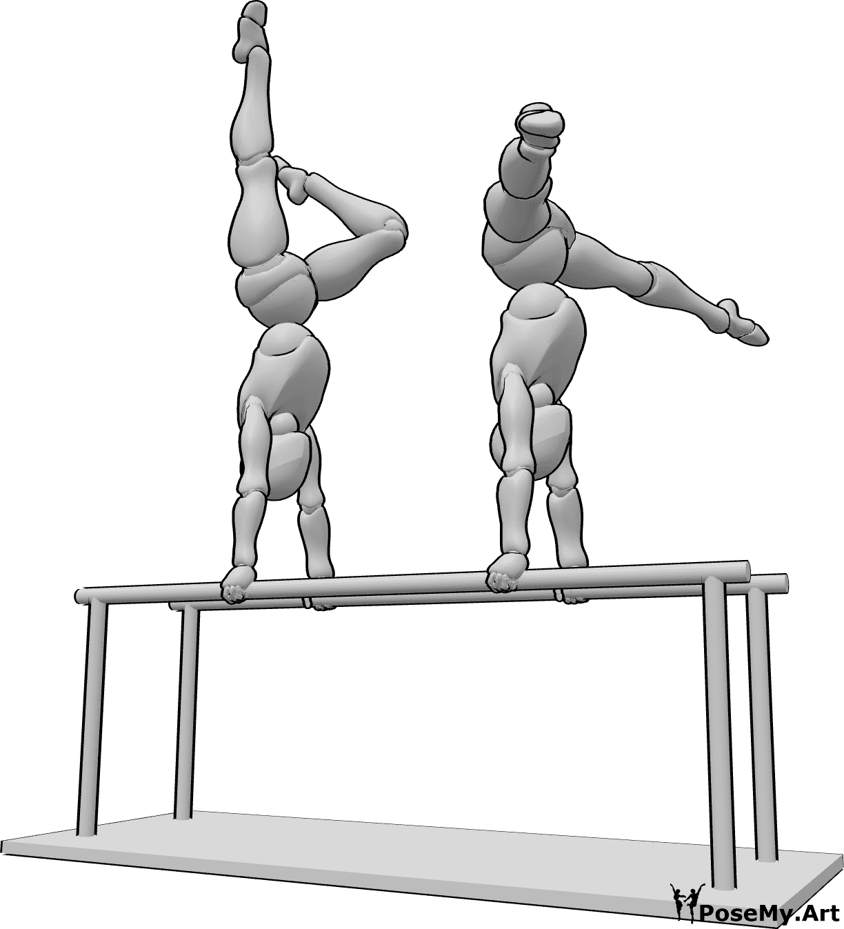 Referência de poses- Duas mulheres em pose de ginástica - Duas mulheres estão a fazer ginástica nas barras paralelas, levantando as mãos e as pernas