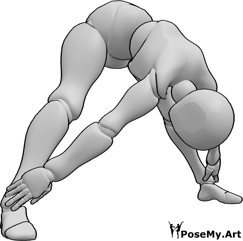 Referencia de poses- Postura de flexión de piernas anchas - La mujer se inclina hacia delante con las piernas anchas, sosteniendo los pies y mirando hacia abajo.
