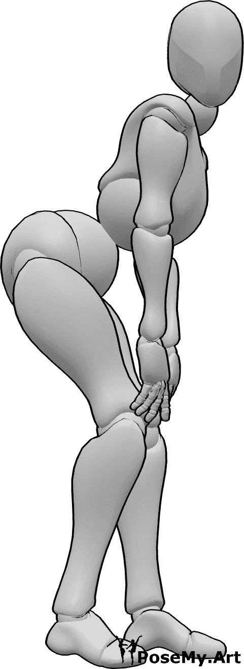 Posen-Referenz- Weibliche Vorwärtsbeuge-Pose - Die Frau beugt sich nach vorne und posiert, hält ihre Hände auf den Knien und schaut nach rechts.