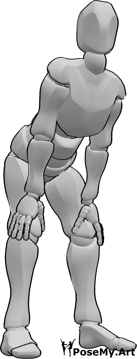 Referencia de poses- Postura de hombre agachado - El hombre se agacha y se apoya en las rodillas, mirando hacia delante.