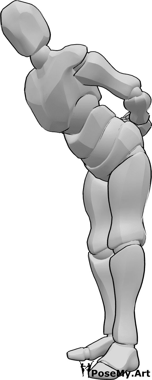 Pose Reference- Male bending looking pose - Male is bending down, holding his hands behind his back and looking to the left