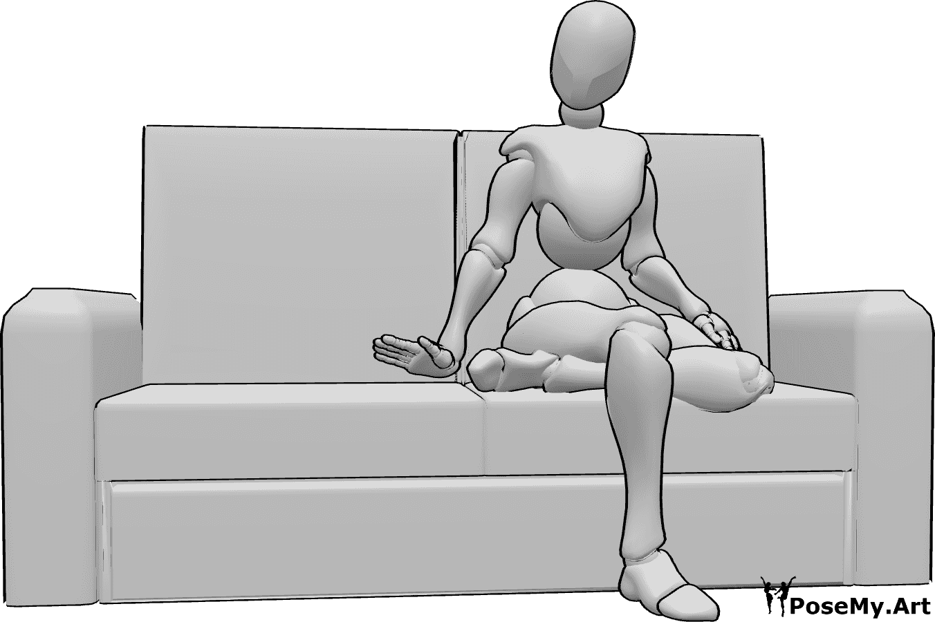 Posen-Referenz- Weibliche einladende Sitzhaltung - Frau sitzt mit gekreuzten Beinen auf der Couch und lädt ein, Platz zu nehmen