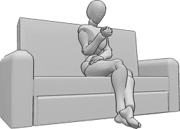 Référence des poses- Femme assise, pose d'attente - La femme est assise sur le canapé, les jambes croisées, elle attend quelque chose et se regarde les ongles.