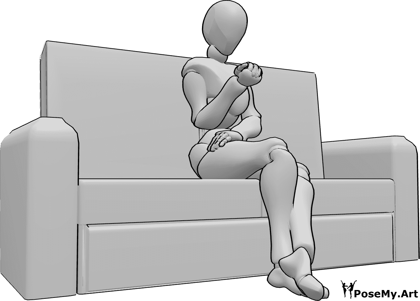 Referência de poses- Mulher sentada em pose de espera - A mulher está sentada no sofá com as pernas cruzadas, à espera de algo, a olhar para as unhas