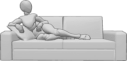 Referência de poses- Pose deitada confortável para mulher - A mulher está deitada confortavelmente no sofá e olha para a esquerda