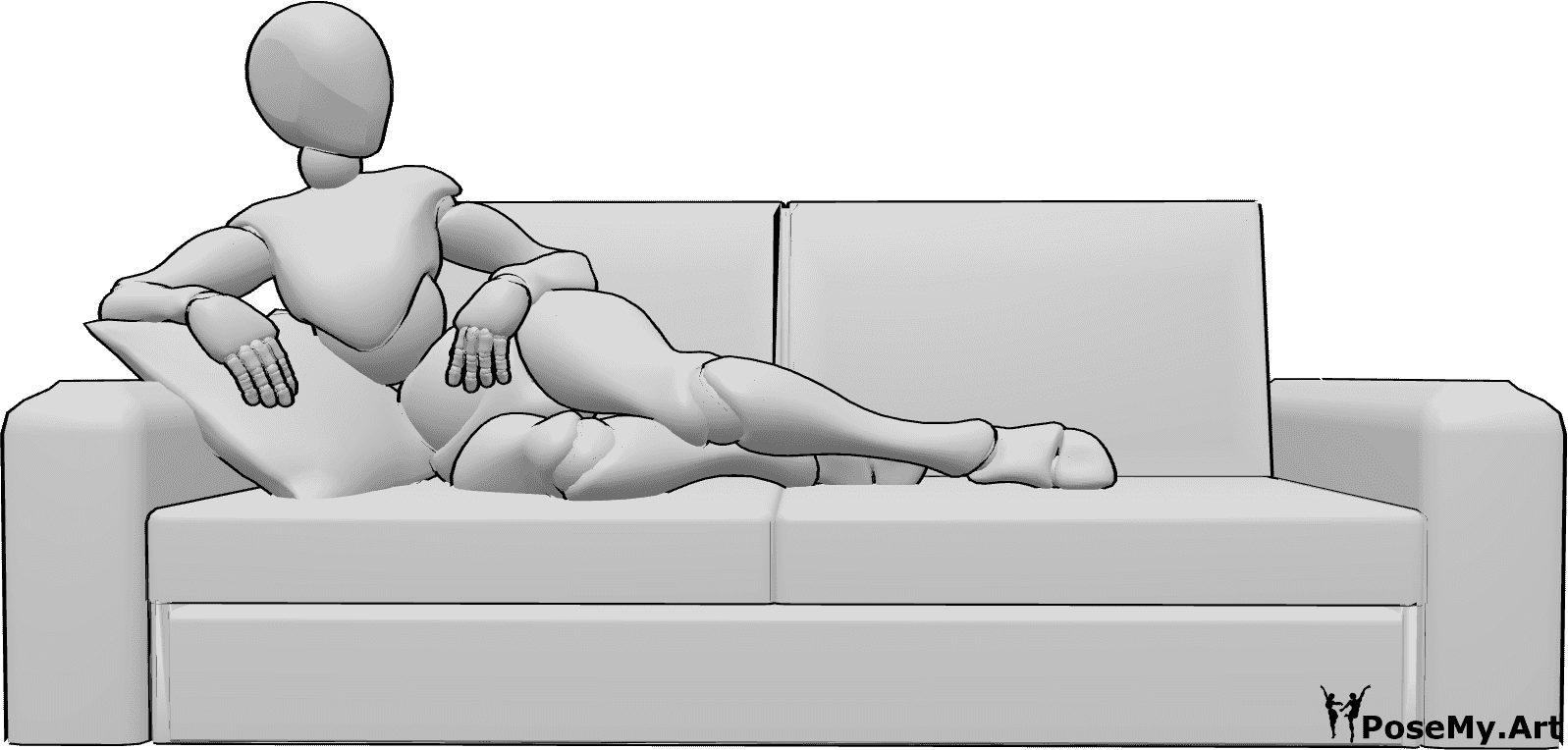 Référence des poses- Femme en position allongée confortable - La femme est confortablement allongée sur le canapé et regarde vers la gauche.