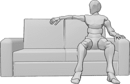 Referência de poses- Homem sentado a olhar para a pose - O homem está sentado confortavelmente no sofá e olha para a direita
