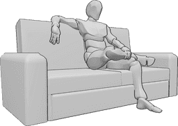 Pose Reference- Crossed legs sitting pose - Male is sitting on the couch with his legs crossed, holding his leg with left hand and resting his right hand on top of the sofa