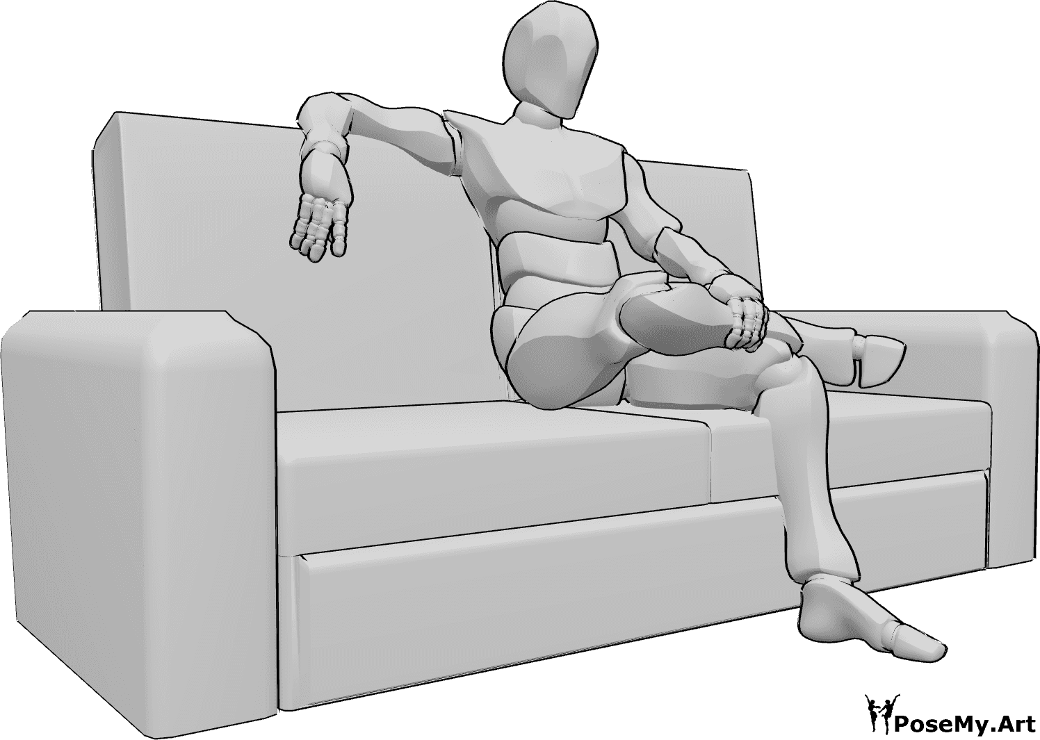 Riferimento alle pose- Posizione seduta a gambe incrociate - L'uomo è seduto sul divano con le gambe incrociate, si tiene la gamba con la mano sinistra e appoggia la mano destra sul divano.