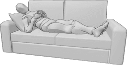 Referência de poses- Homem em pose deitado no sofá - O homem está deitado no sofá com as pernas cruzadas, apoiando as mãos no peito e olhando para a direita