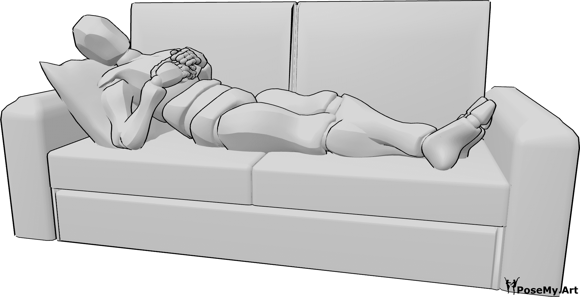Posen-Referenz- Männliche liegende Couch-Pose - Mann liegt mit gekreuzten Beinen auf der Couch, stützt die Hände auf die Brust und schaut nach rechts