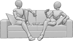 Referência de poses- Duas mulheres sentadas em pose - Duas mulheres estão sentadas confortavelmente no sofá a conversar