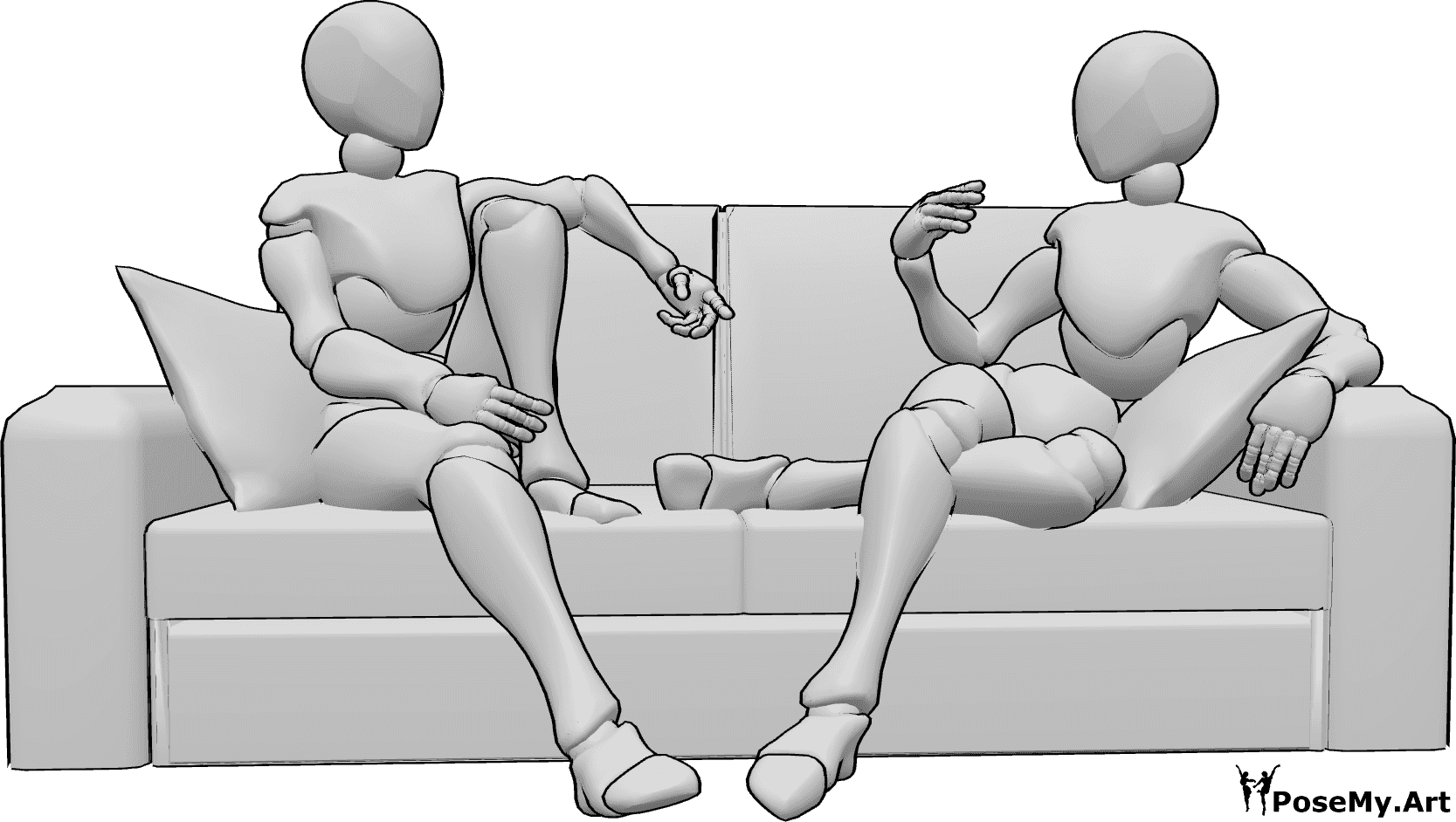Référence des poses- Deux femmes assises posent - Deux femmes sont confortablement assises sur le canapé et discutent.