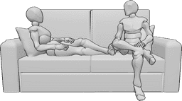Référence des poses- Femme homme assis - La femme est allongée sur le canapé, l'homme est assis à côté d'elle, ils se regardent.