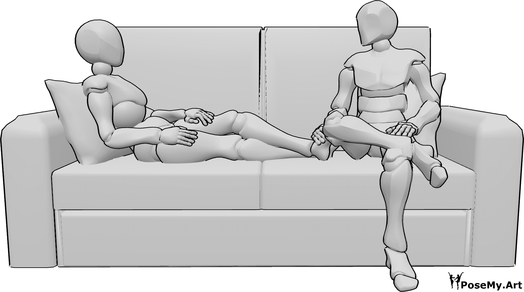 Referência de poses- Pose de homem sentado - A mulher está deitada no sofá, o homem está sentado ao lado dela, olham um para o outro