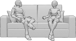 Posen-Referenz- Weibliche männliche Gesprächspose - Eine Frau und ein Mann sitzen auf der Couch, schauen sich an und reden.